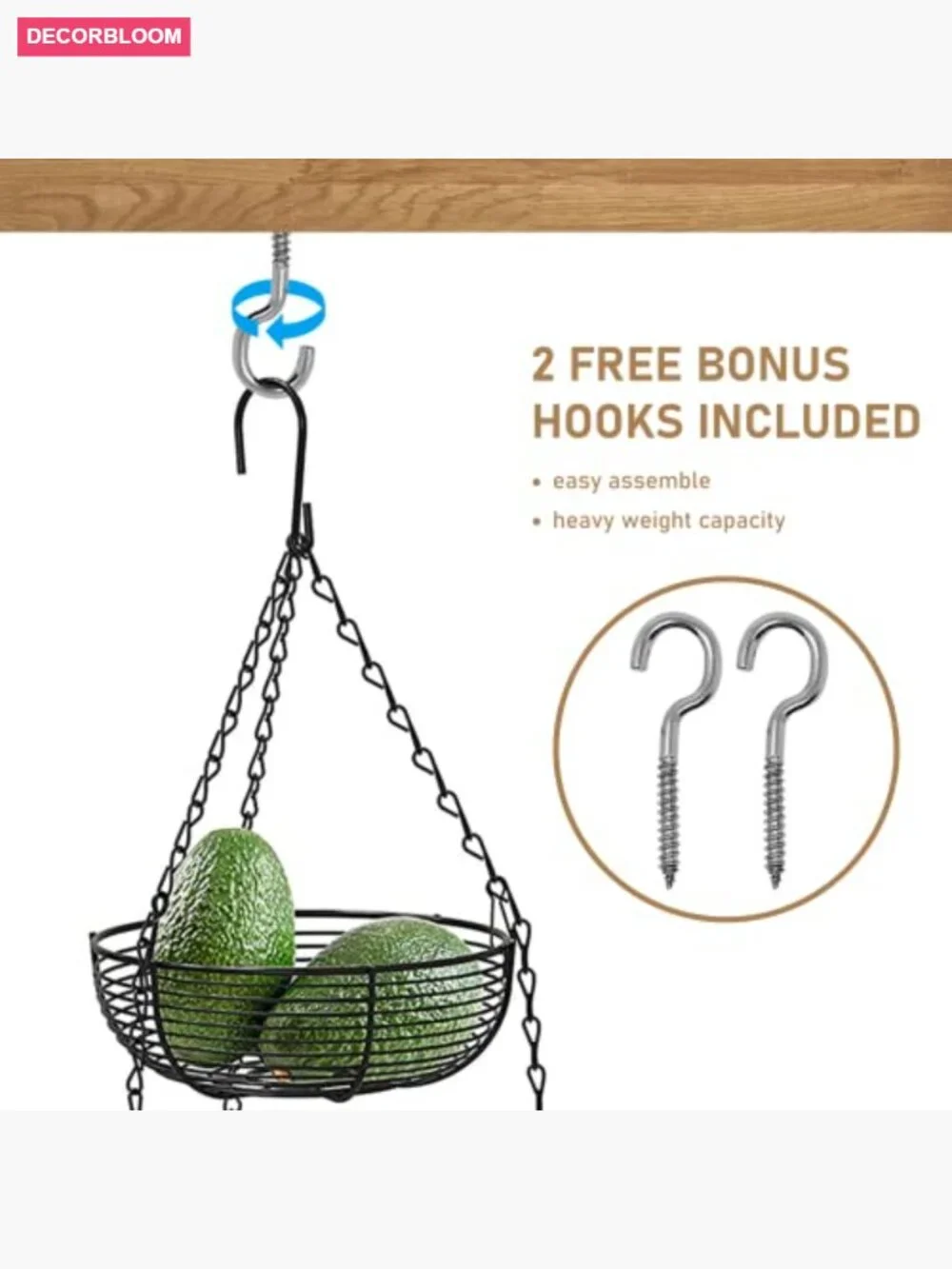 3-Tier Hanging Basket Kitchen Fruit Organizer Heavy Duty Wire, 30in